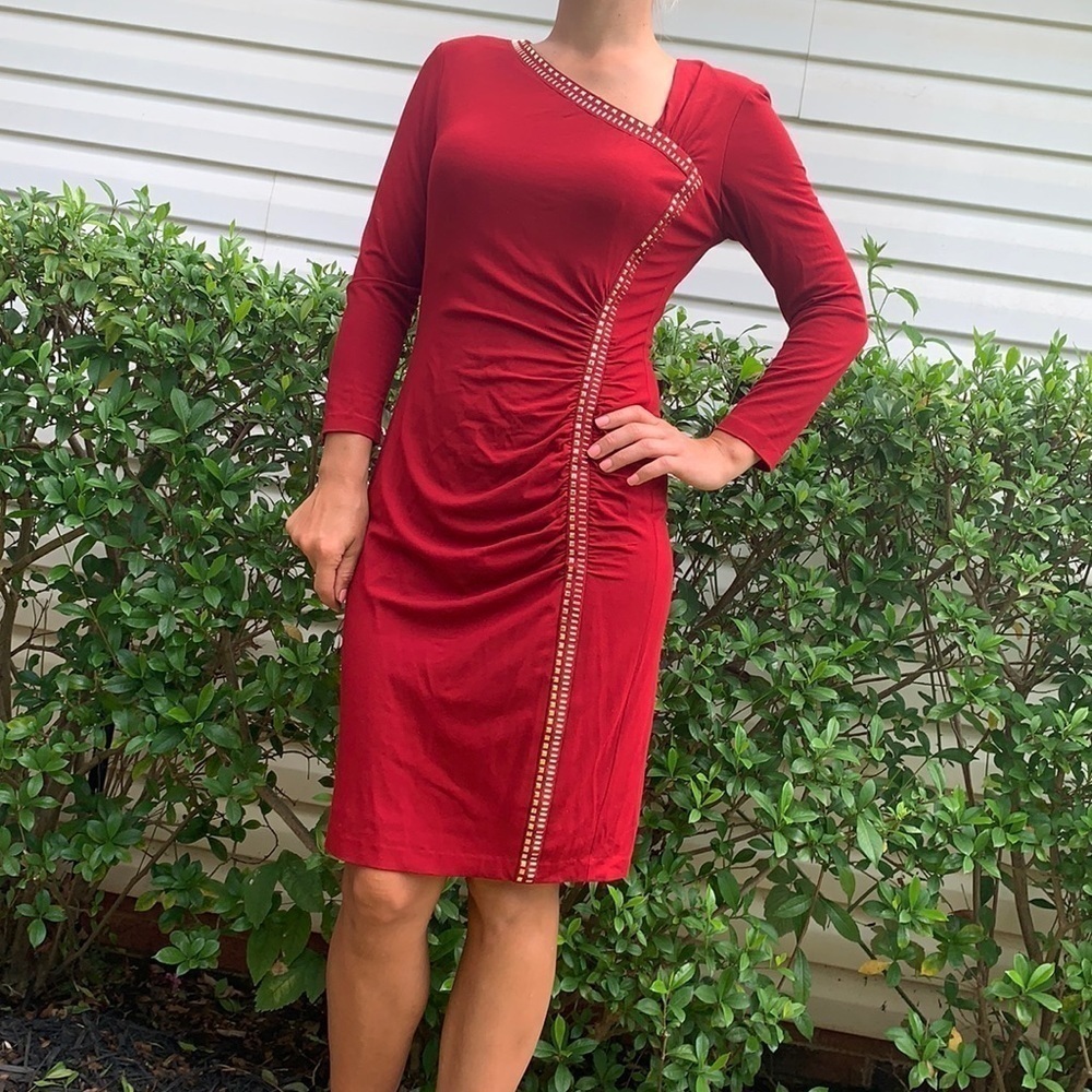 Cache | Red Ruched Deep Dress bling rhinestone fitted holidays Christmas M‎ midi